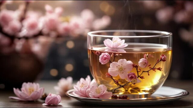ピンクの桜の花とティーカップの背景動画