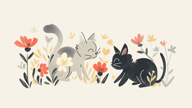 Gatos brincando e flores da primavera no fundo branco - Ilustração fofa