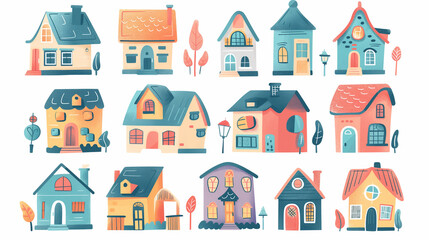 Fototapeta premium Conjunto de casas coloridas e fofas isolado no fundo branco 