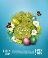Holiday easter party flyer with easter eggs, spring flowers and grass rabbit. Vector. - 771580415