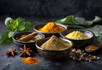 A collection of spices in bowls on a dark background. The spices include cinnamon, cumin, and pepper