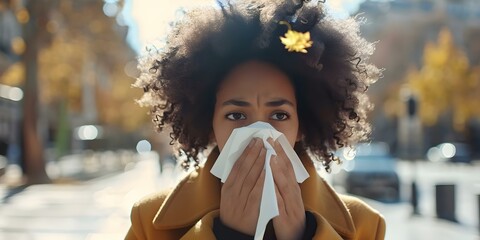 African American woman with curly hair blowing her nose into a tissue outdoors in the city during autumn. Concept Autumn Photoshoot, City Setting, African American Woman, Curly Hair, Tissue