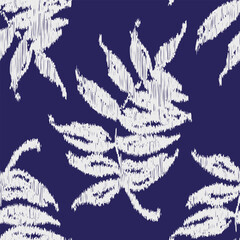 Seamless vector ikat pattern with floral ornament on dark background.