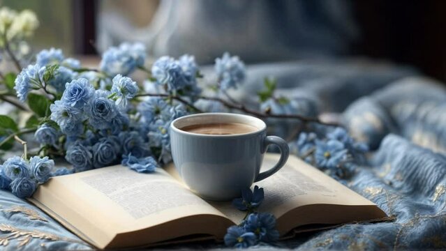 コーヒーカップと本と青の花のナチュラルな部屋の風景動画