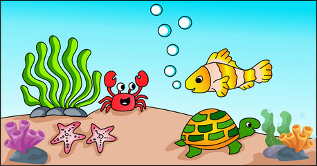 one of the children's drawings made into a vector shape with a marine theme and animals in it