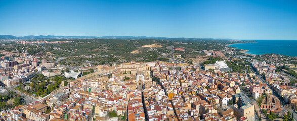 City of Tarragona perspective from above. View of Tarragona Cathedral. Medieval and historic city,...