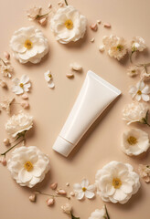 Obraz na płótnie Canvas White blank tube of skincare product for face and body isolated on pastel beige background with flowers and petals. Mock up of natural cosmetic packaging with cream, lotion or gel. Flat lay, top view