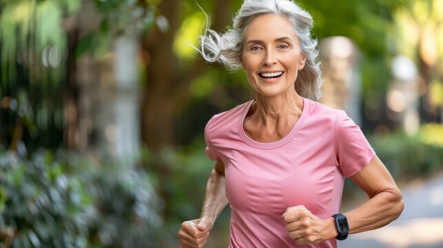Senior Woman Running in Urban Park at Dusk