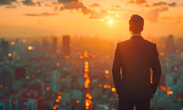Silhouette of a businessman looking over the urban cityscape during a vibrant sunset, contemplating the day's achievements.
