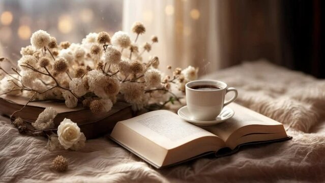 コーヒーカップと本と白い花のナチュラルな部屋の風景動画