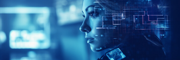 Cybersecurity police officer woman in futuristic suit observing, background suggests a high-tech environment.