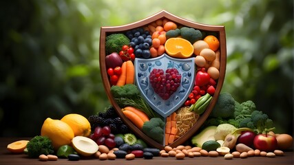 Immune system defense organ in the form of a shield, encircled by antioxidants and vitamins, signifying the immune system's role in fending off disease - obrazy, fototapety, plakaty