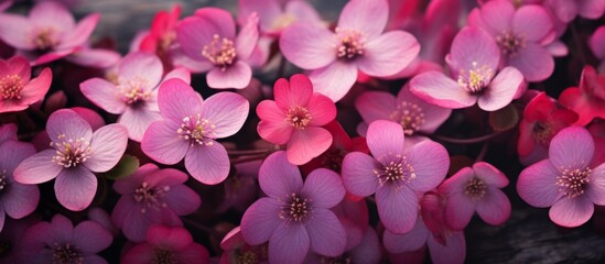 A closeup shot of a cluster of vibrant pink and magenta flowers blooming on a groundcover plant,...