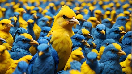 In a sea of identical blue birds, a bright yellow bird sticks out, signifying individualism, uniqueness, and the bravery to be different in a conformist world.