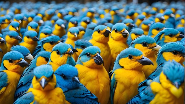 In a sea of identical blue birds, a bright yellow bird sticks out, signifying individualism, uniqueness, and the bravery to be different in a conformist world.