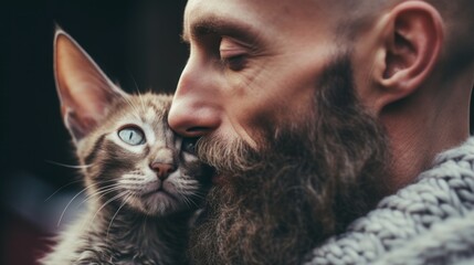 Close-up of a handsome bearded middle-aged man wearing a knitted sweater and holding and kissing...