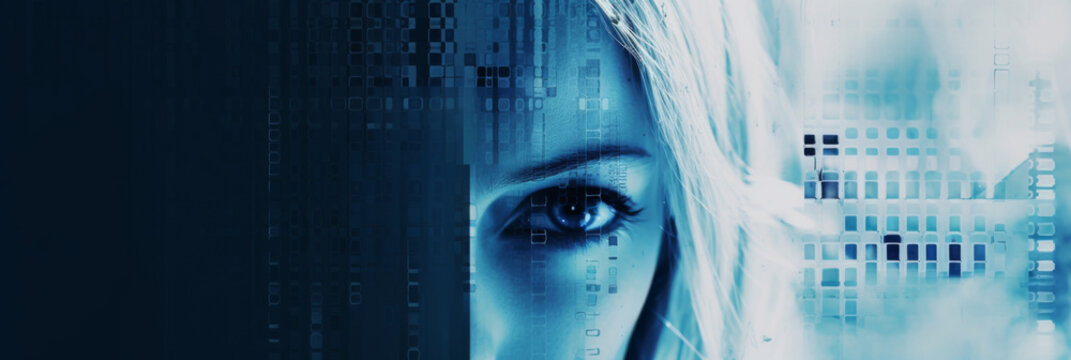 Digitally enhanced portrait of a woman with a glitch effect background suggesting hacking theme