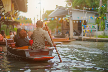 Damnoen Saduak Floating Market, tourists visiting by boat, located in Bangkok, Amphawa Floating...