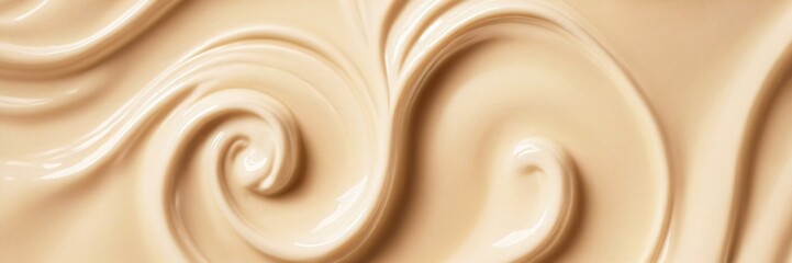 Wallpaper with glossy realistic beige cosmetic texture of skincare spa makeup product close up. Smooth smear, wavy smudge, swatch of cream, lotion. Creamy yogurt or melted texture spiral macro