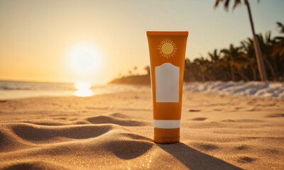 Mock up of sunscreen in orange tube on sandy beach with tropical palm trees near ocean at sunset in...