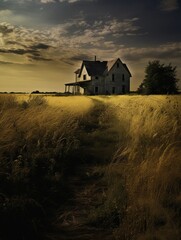 An eerie, abandoned farmhouse surrounded by overgrown fields, the silence punctuated by the creaking of its weathered sign - obrazy, fototapety, plakaty