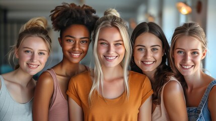 Fototapeta premium Smiling Group of Diverse Friends Posing Together Indoors