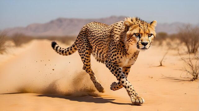 South African cheetah running in a desert filled with sand or mods