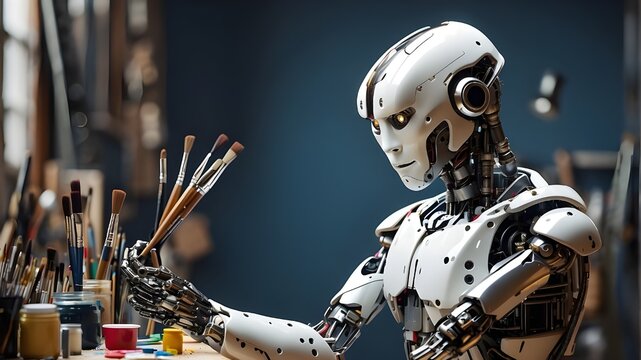 The classic image of a robot holding a paintbrush represents the fusion of traditional artistic expression and technology.