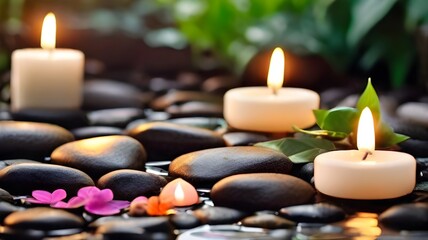 Obraz na płótnie Canvas Banner spa stones in a garden with flowing water, candles, and flowers for massage, spa treatments, aromatherapy, and a luxurious, peaceful, and well-rested setting with good skin care practices