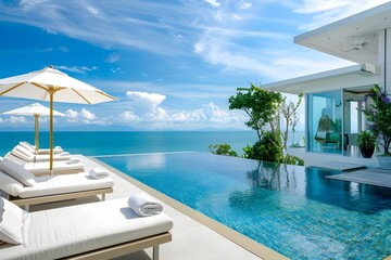 Fototapeta premium Beachfront vacation hotel swimming pool beach umbrella blue sky ocean slow life