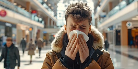 Young man with allergies sneezing and wiping his nose with a tissue in a shopping center. Concept Allergies, Sneezing, Tissue, Young Man, Shopping Center