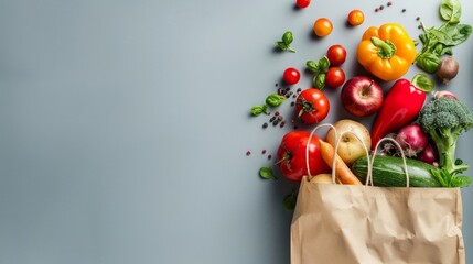 Online grocery shopping and home delivery concept with empty space incorporating a grocery app and filled bag of goods with copy space for advertizing - obrazy, fototapety, plakaty