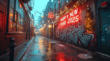 Graffiti art depicting "HAPPY NEW YEAR 2025" on a city alley wall
