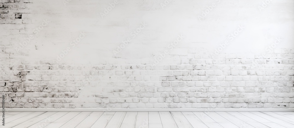Poster an empty room with a white brick wall, wooden floor, and a parallel pattern of handwriting on paper.