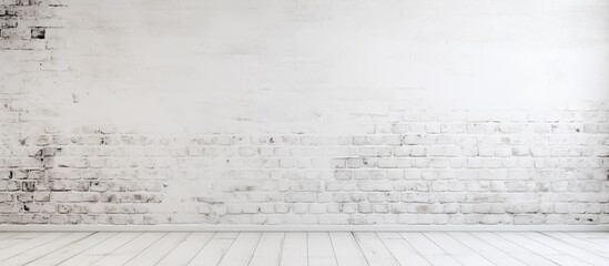 An empty room with a white brick wall, wooden floor, and a parallel pattern of handwriting on paper. The monochrome rectangle and circle font add to the events aesthetic - obrazy, fototapety, plakaty