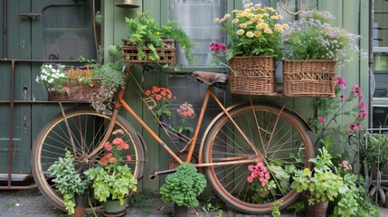 Fototapeta na wymiar Bicycle Adorned With Flower Baskets