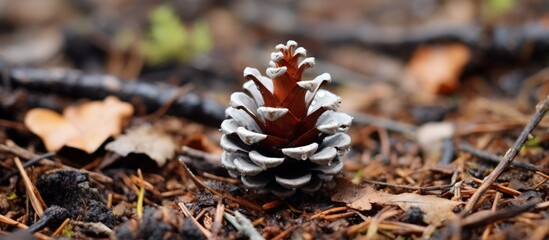 A small pine cone rests on the forest floor surrounded by natural landscape, terrestrial plants, wood, moths, butterflies, insects, fungi, grass, terrestrial animals, and arthropods - Powered by Adobe