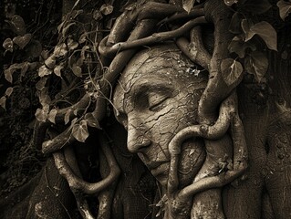 Ancient tree with faces, surrounding vines, low light, wide lens, sepia tones, mysterious mood, hyper realistic, low noise, low texture - obrazy, fototapety, plakaty