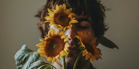Man with allergies holding sunflowers blowing nose and suffering from sneezing and red itchy eyes. Concept Allergies, Sunflowers, Sneezing, Red Eyes, Symptoms