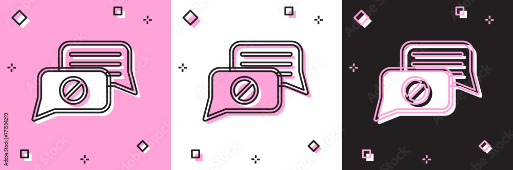 Sticker Set Speech bubble chat icon isolated on pink and white, black background. Message icon. Communication or comment chat symbol. Vector