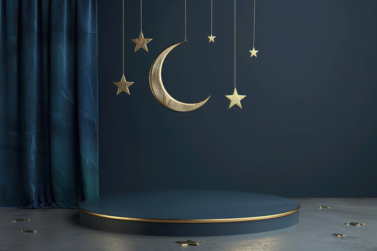 Elegant podium with golden crescent moon and stars for showcasing in a dark room.