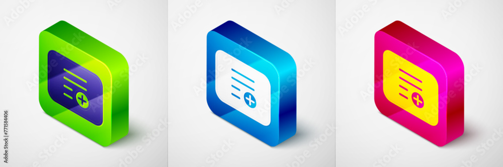 Poster isometric add to playlist icon isolated on grey background. square button. vector