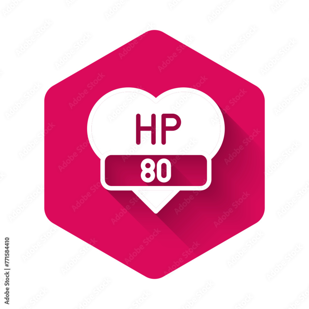 Poster white video game bar icon isolated with long shadow background. pink hexagon button. vector