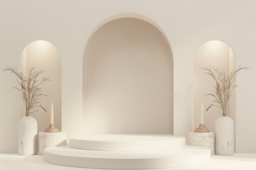 Elegant minimalistic display with arches and decorative vases.