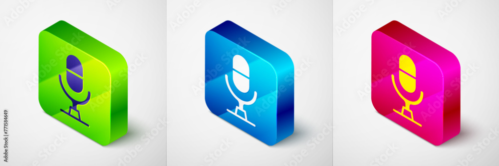 Poster isometric microphone voice device icon isolated on grey background. microphone interpreter and alpha