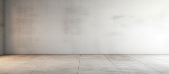 A sparse room with a grey concrete wall and a hardwood floor in tints and shades of brown. The...
