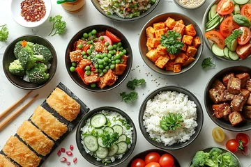 Stoff pro Meter A variety of colorful bowls filled with different types of food, including vegetables and fruits. The bowls are arranged in a way that creates a visually appealing © Graphsquad