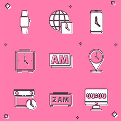 Set Smartwatch, World time, Alarm clock app mobile, Clock AM, Location with, Calendar and and Digital alarm icon. Vector
