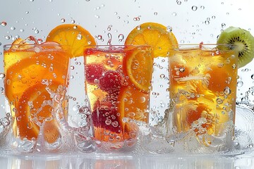 A glass of fruit juice with a splash of water and a few pieces of fruit, including oranges, kiwis,...