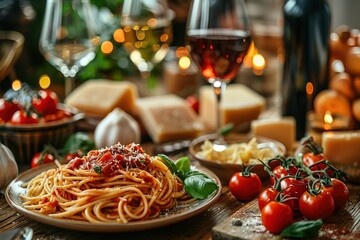 A group of friends enjoying pasta and wine at the dining table, surrounded by various dishes. The focus is on one plate with spaghetti in tomato sauce and another with fettuccine in white cream sauce.